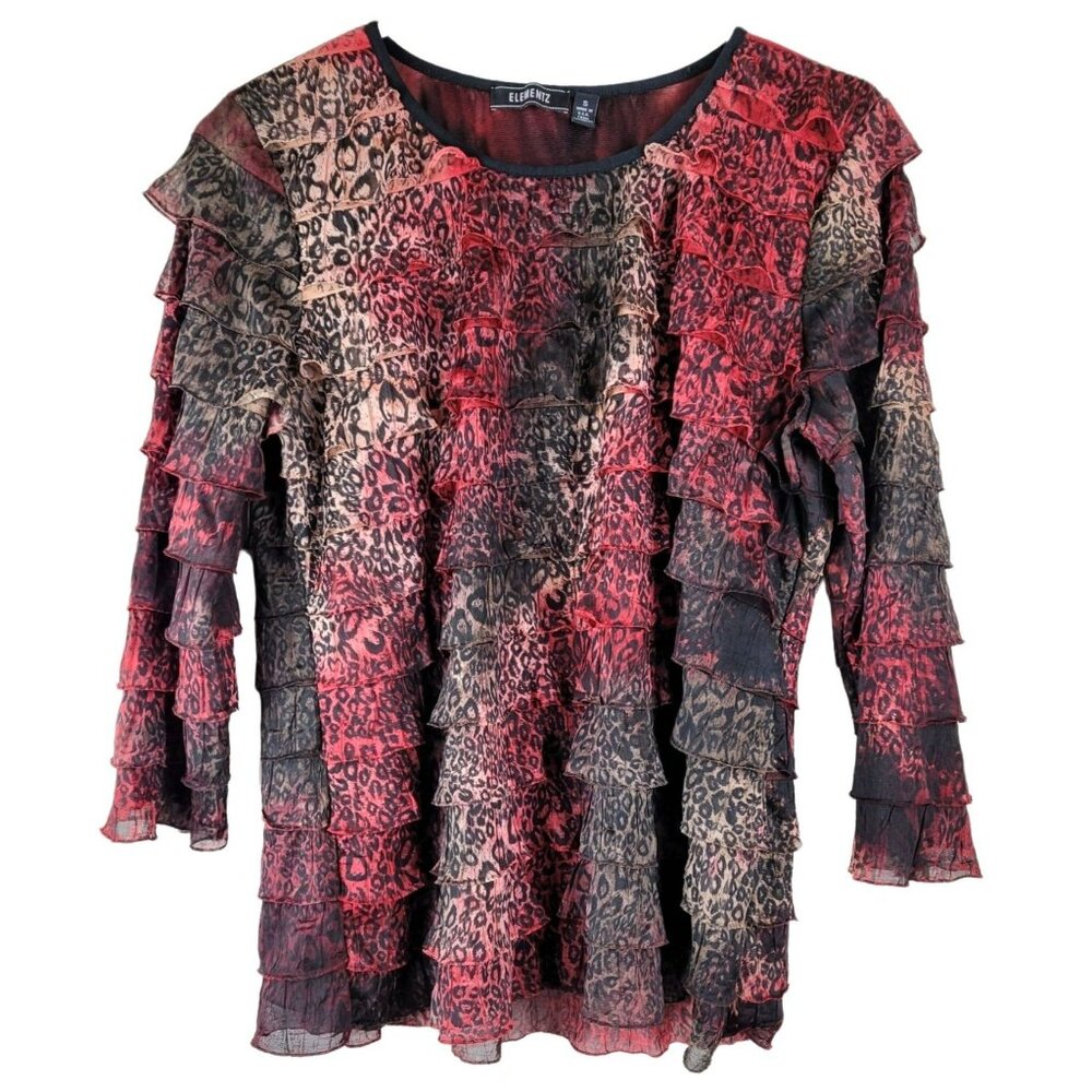 Women Top Red Black and Brown Ruffled Rows Unique Blouse Size S JH920
